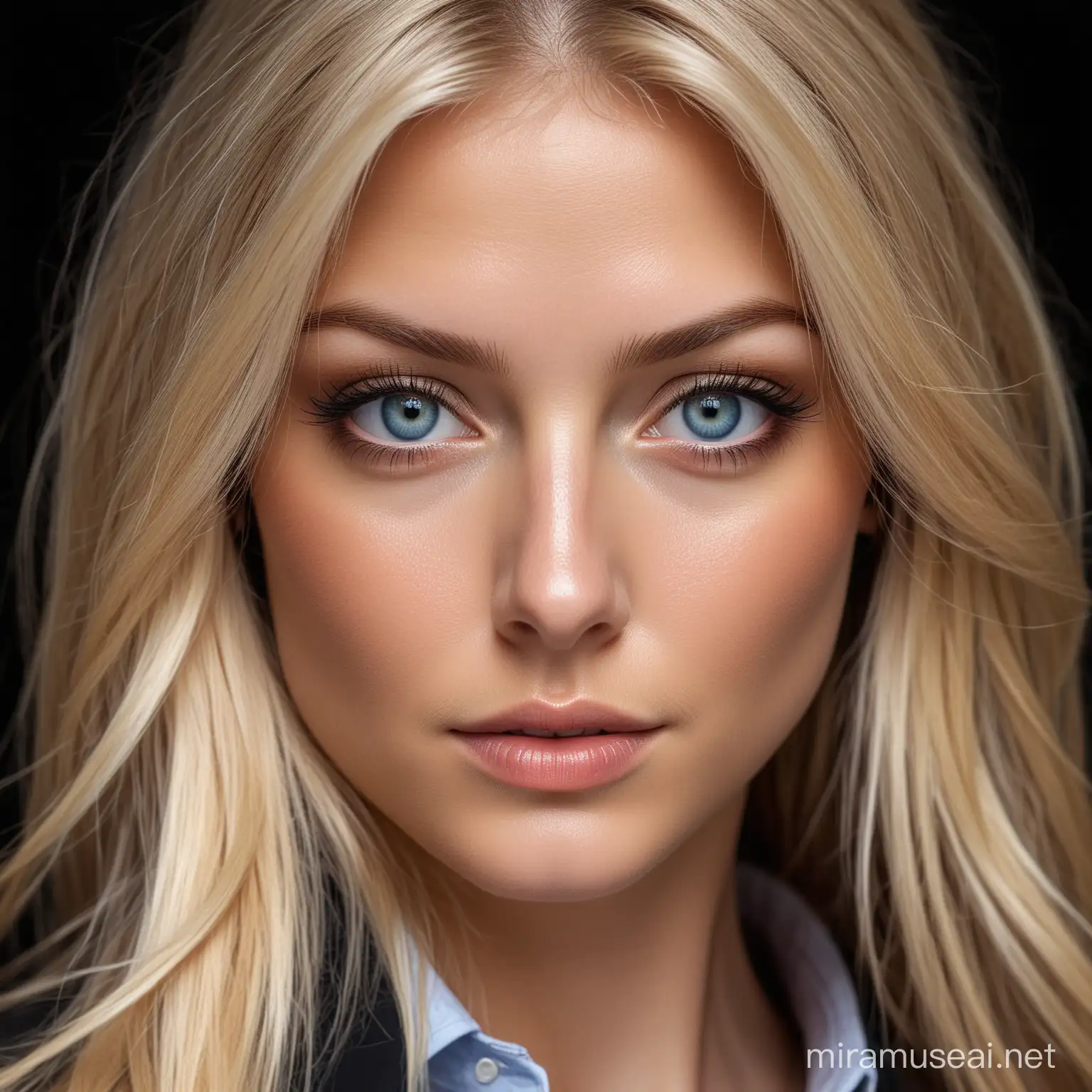 full body, a ultra real full body shot photo of 30 years old business women, blue eyes, long blonde hair. At the background a ultra close up macro details, ultra contrast, of ultra dark decor. Intricate details of her beautiful eyes and perfect face. The most beautiful women.