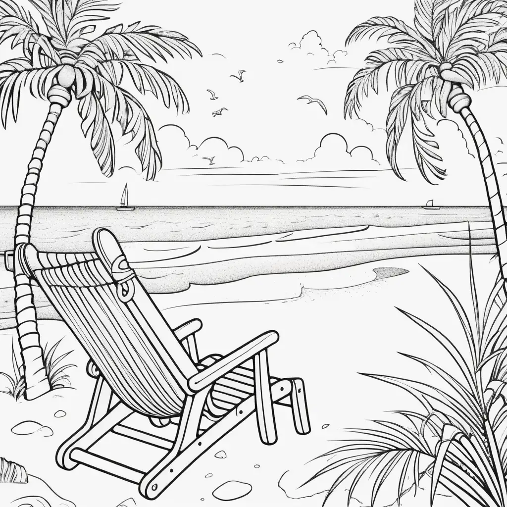 Relaxing Beach Scene Coloring Page with Palm Tree and Chair