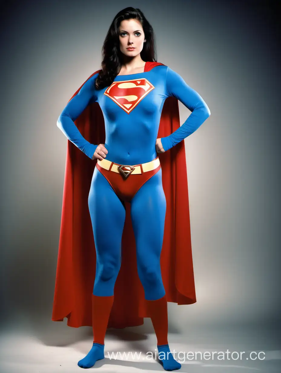 A beautiful woman with dark hair, age 28, She is confident and strong. She is wearing a Superman costume with (blue leggings), (long blue sleeves), red briefs, and a long flowing cape. Her costume is made of very soft cotton fabric. The symbol on her chest has no black outlines.  She is posed like a superhero, strong and powerful. Bright photo studio. Superman The Movie.