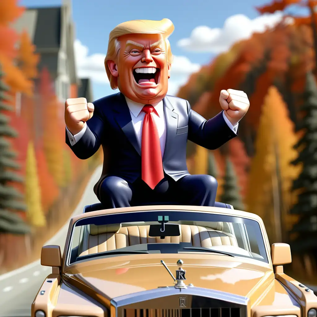 Donald trump only in a cartoon style, driving an open rolls Royce through New Hampshire, looking happy , fist in the air 