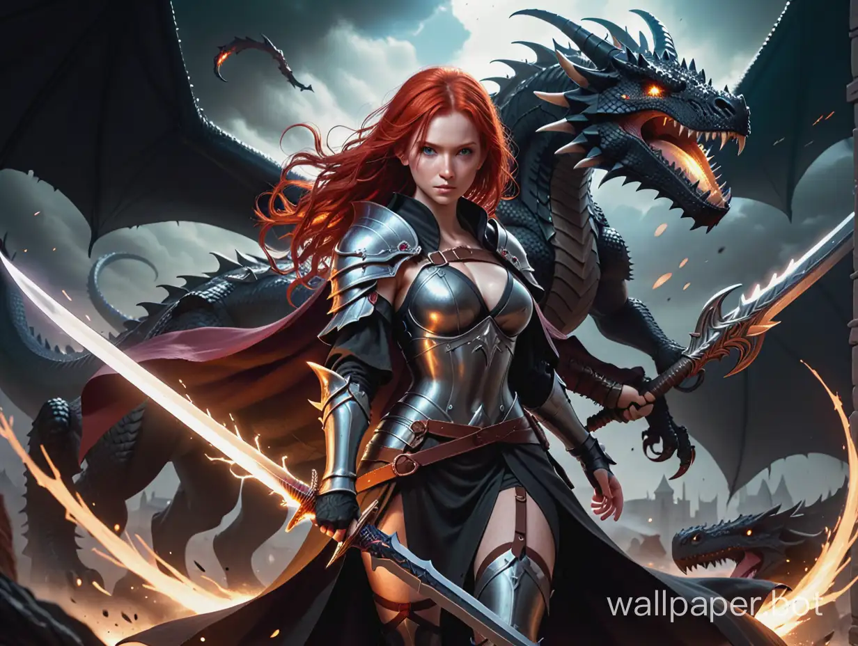 epic battle. dark theme. redhead female battle mage with torn robe and ripped armor holding big sword on right hand  versus black dragon . 