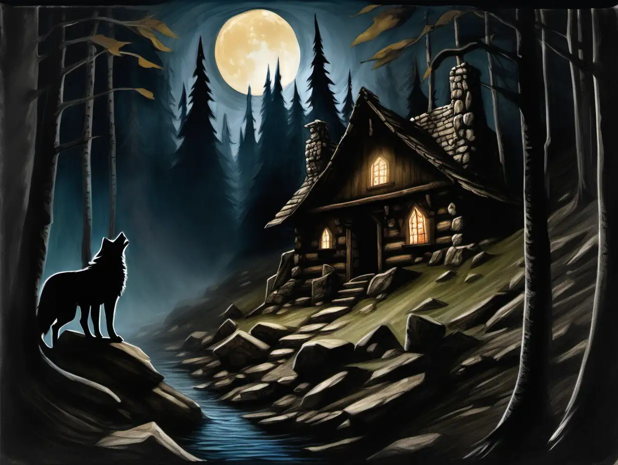rocky hills, cabin in the woods, wolf shaped shadows, night, Medieval fantasy painting, MtG art