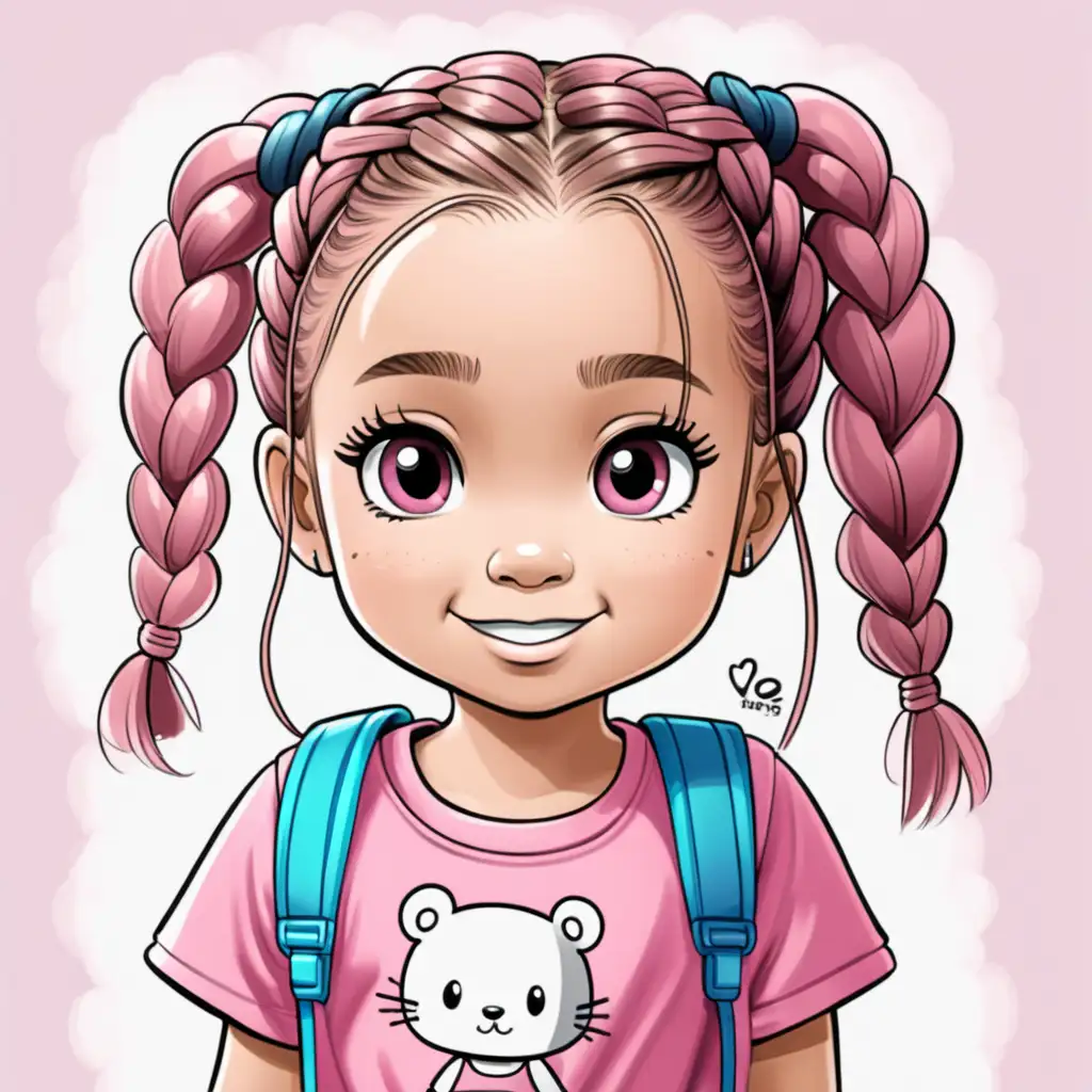 Adorable Cartoon Girl in Pink TShirt with Braided Hair