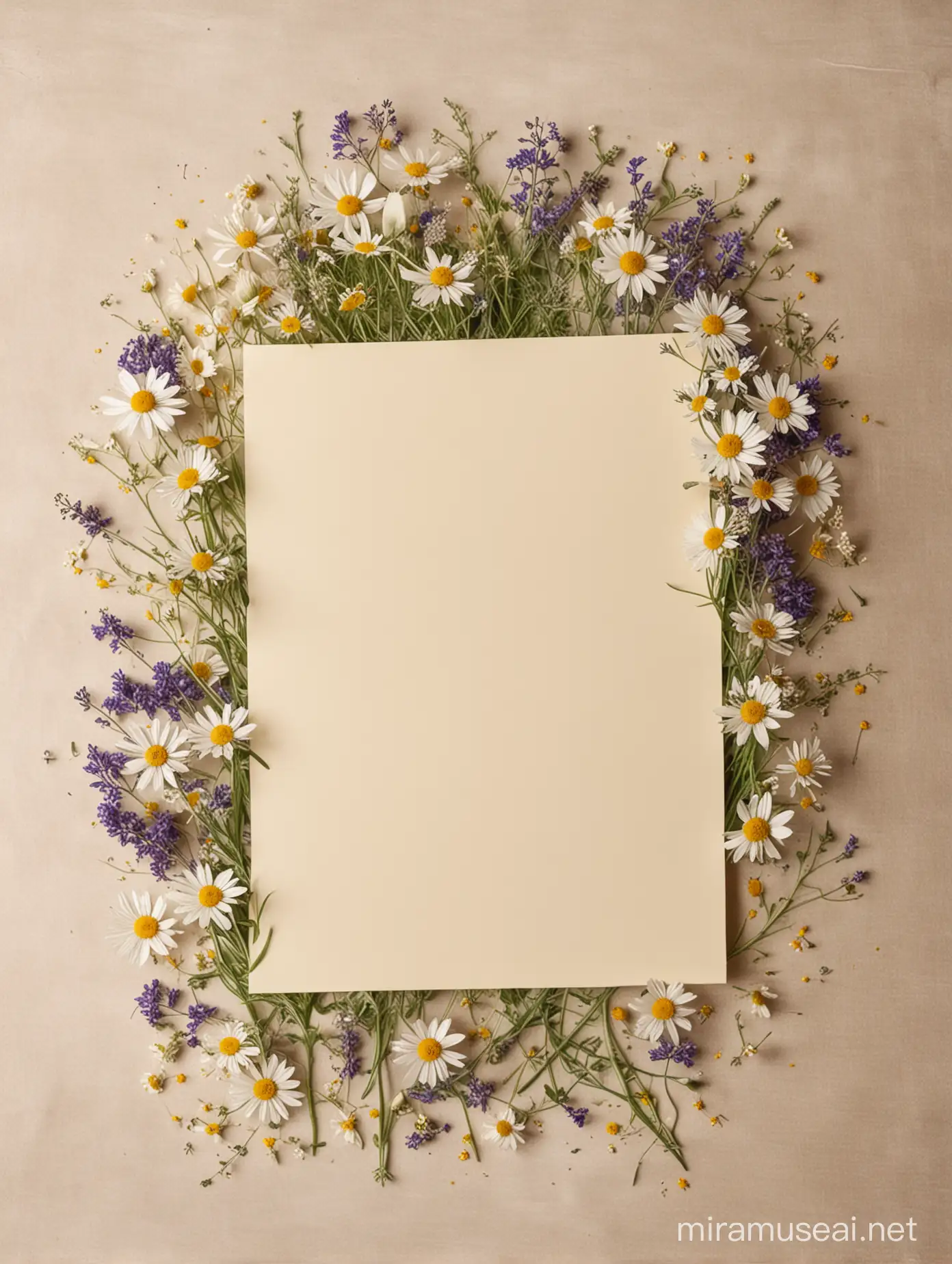 Blank cream paper, flat lay, scattered wildflowers bouquet, natural light, shadows