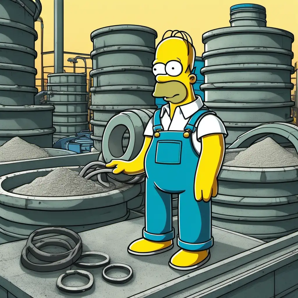 Homer Simpson Working in Concrete Factory Building Large Concrete Rings by Hand