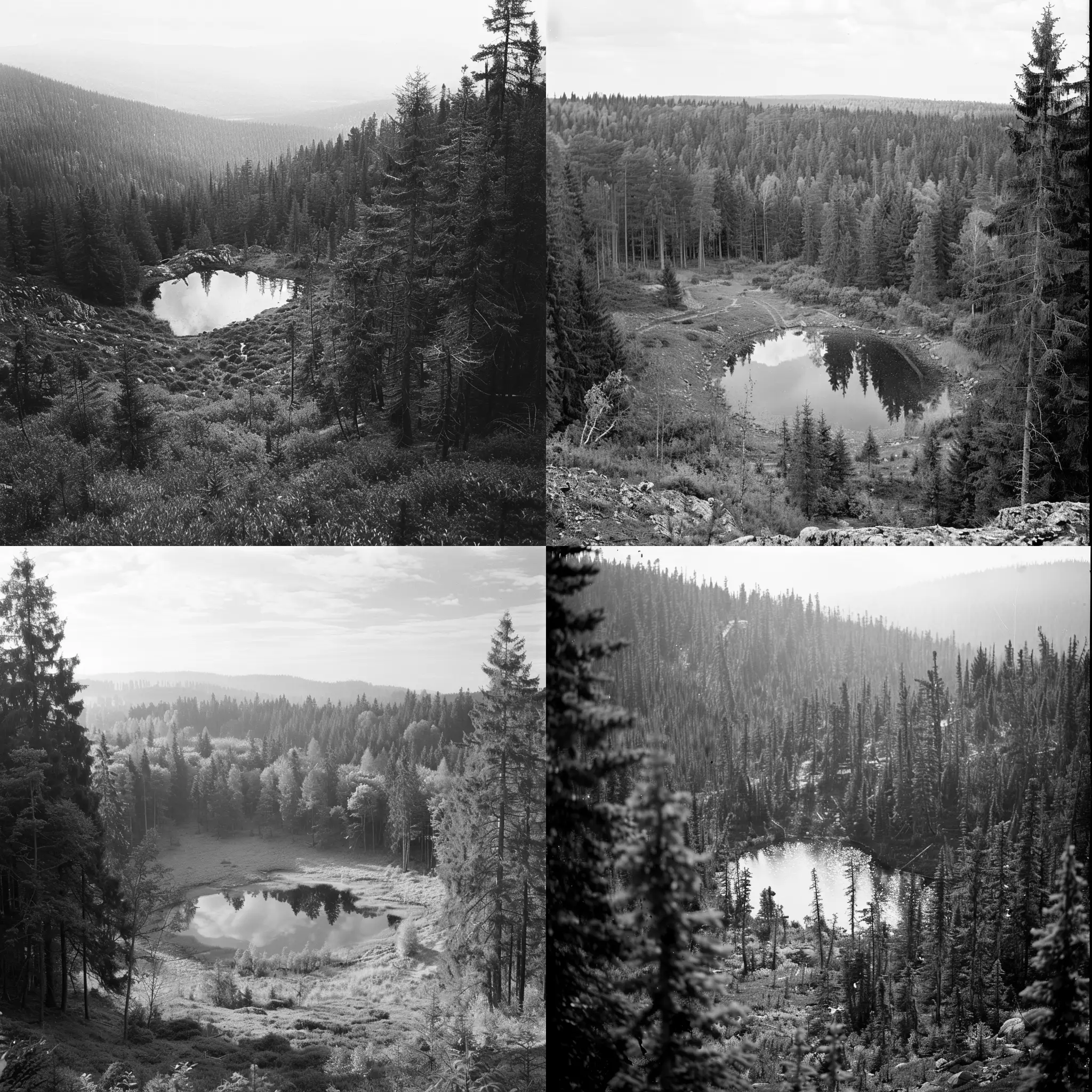 a landscape photo with forest and small lake, in black in white, with many tons of gray
