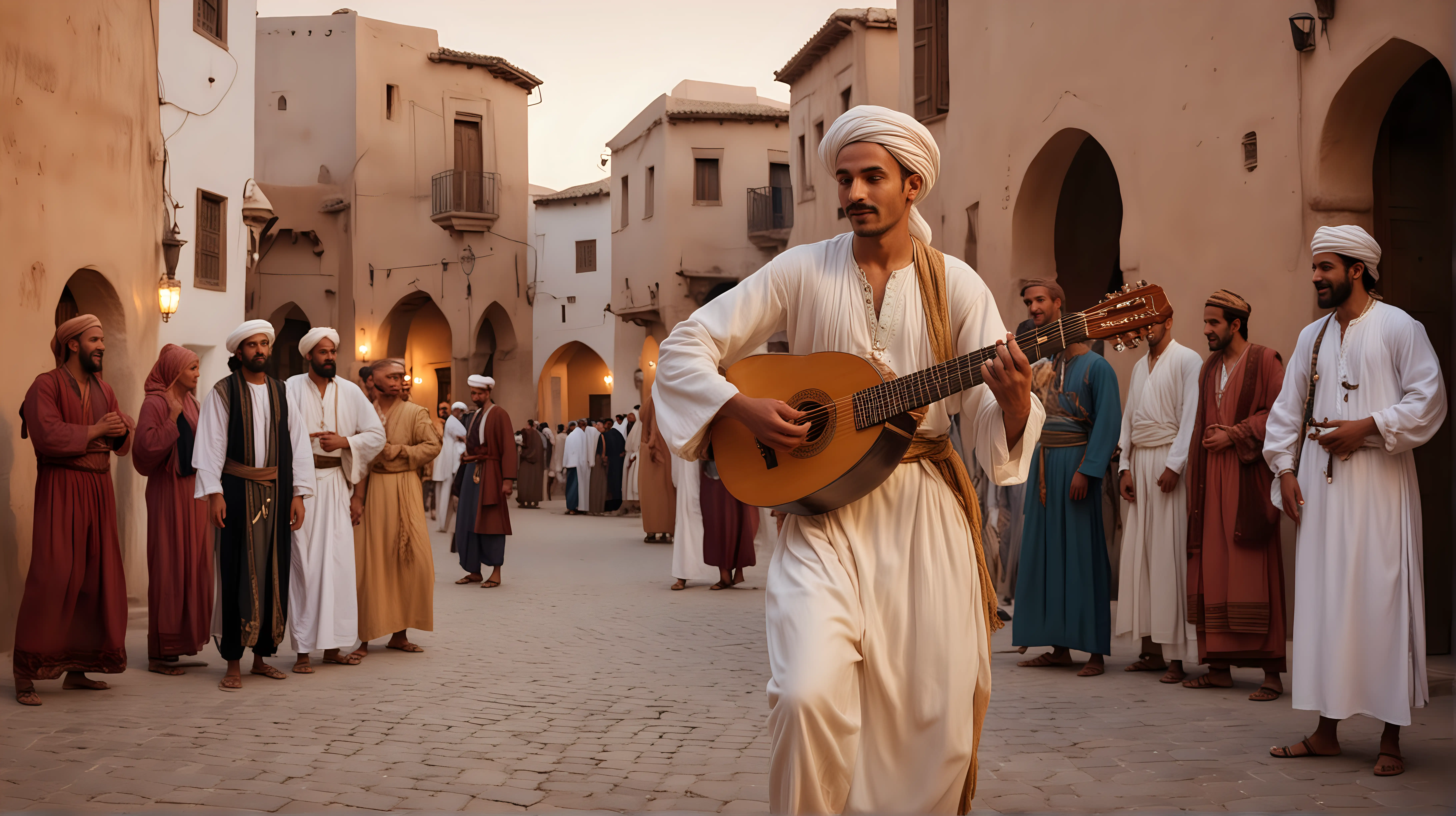 Single itinerant Moroccan musician playing and dancing with his Arabian lute. wearing traditional clothes, in a traditional village square, evening time, around him men and women all dancing joyfully, very realistic, cinematic, Cecil B. de Mille Ten Commandment style