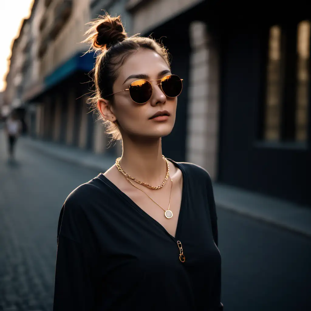 a  thin minimalist gold necklace on a confident beautyful model, shot with sony a7 III black background shot on street, casual dress, long sleeve shirt, streatwear, thin sunglasses, modell is looking away from camera, aperture f7 (not portait, no blur on background) pictur taken in Budapest, the background is well recocnisable