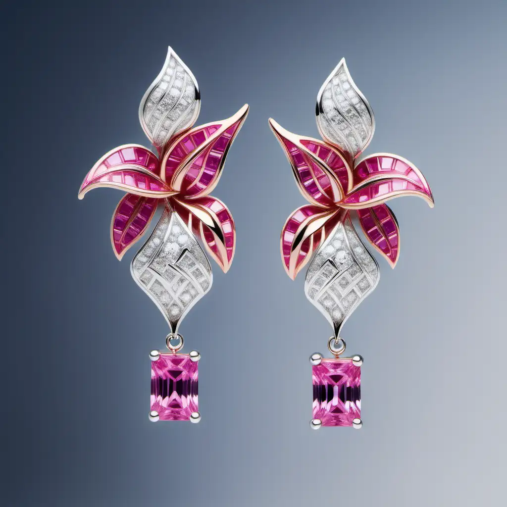 A anthurium inspired earring made of princess cut pink sapphires and diamonds

Retro, statment, abstract 