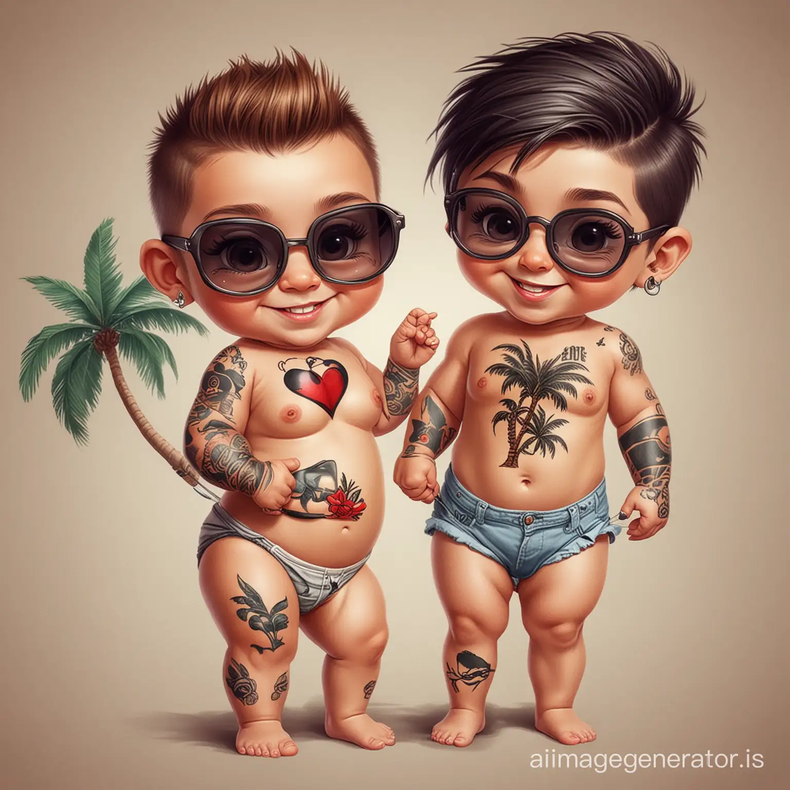 funny boy and girl with smiles, babies in diapers with black sunglasses and tattoos, the boy has a palm tree tattoo on his arm and the girl has a heart pierced by an arrow in the cartoon version