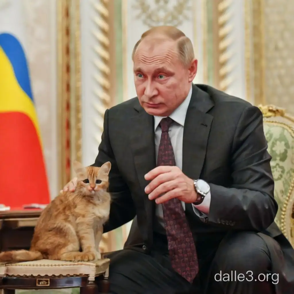 Путин сидит на советской табуретке и гладит дьявольского котёнка.