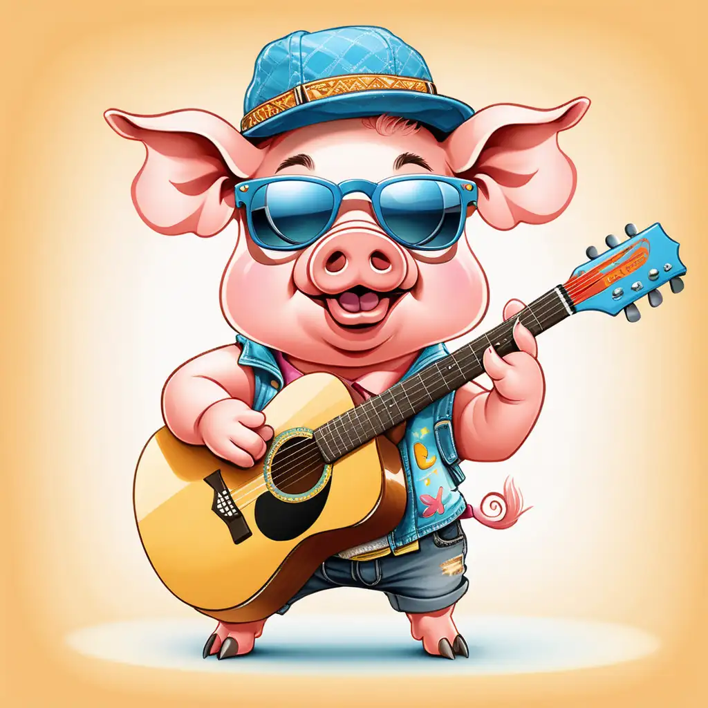 in bright colorful cartoon style, an image of a cute little pig wearing sun glasses  and a hat, dressed like a musician, playing a guitar no background in image