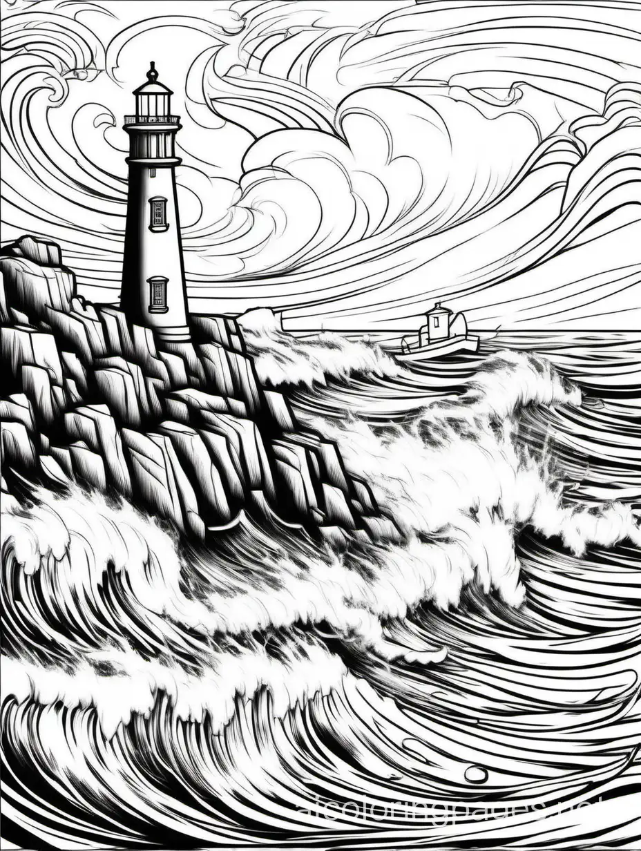 California Lighthouse, Huge waves crashing over the rocks, dramatic storm, Old world masterpiece style, extremely detailed, flamboyant, fantasy, beautiful high detail, crisp quality, line art. The outlines of all the subjects are easy to distinguish.
, Coloring Page, black and white, line art, white background, Simplicity, Ample White Space. The background of the coloring page is plain white to make it easy for young children to color within the lines. The outlines of all the subjects are easy to distinguish, making it simple for kids to color without too much difficulty