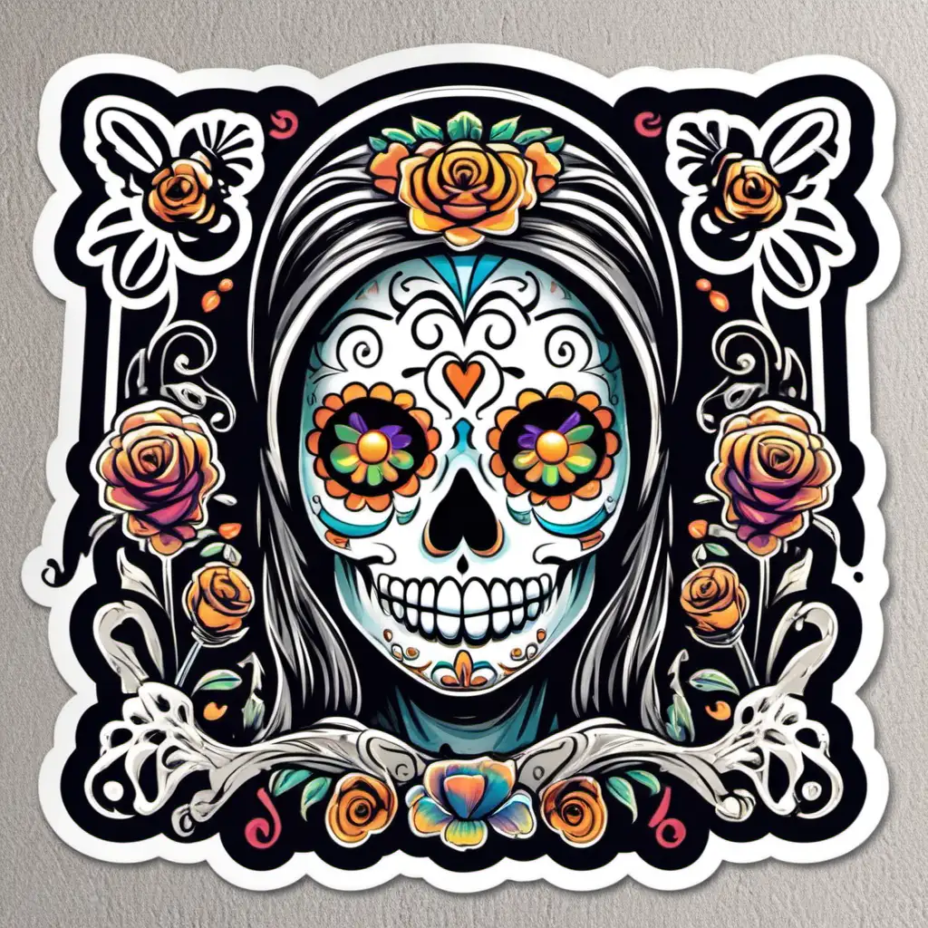Vibrant Day of the Dead Sticker Celebratory Skulls and Floral Designs