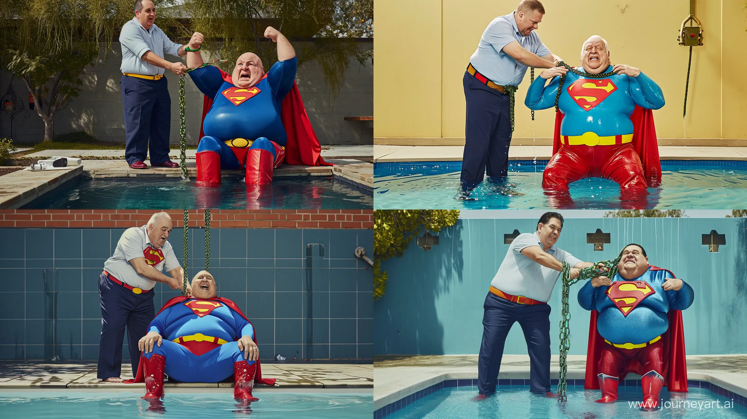 Photo of two characters together. The first man is an afraid chubby man aged 70 on the right dressed in a clean slightly shiny blue superman costume with a big red cape, red boots,  blue shirt, blue pants, yellow belt and red trunks sitting in a shallow pool. The second man is a happy chubby man wearing navy pants and a white shirt standing above him and tightening a heavy shiny green chain around the neck of the man on the right. Outside. --style raw --ar 16:9 --v 6