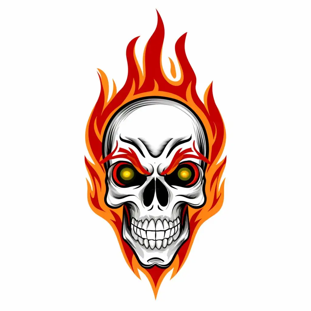 logo, a flame skull with fire eyes white background dead silence under the skull white back ground, with the text "dead silence", typography