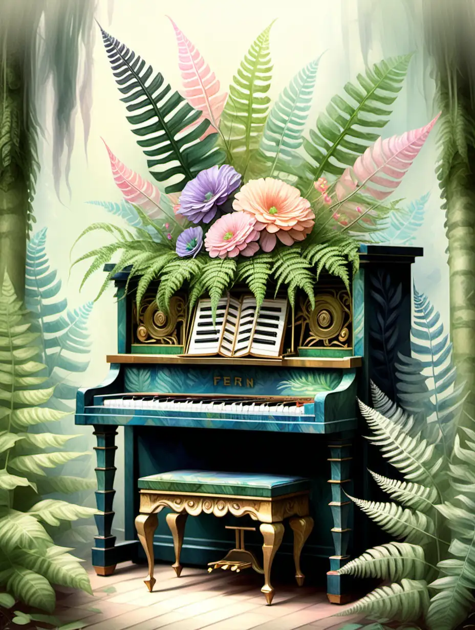 小台鋼琴,印象派的花卉圖騰,蕨葉,春天夢幻色彩