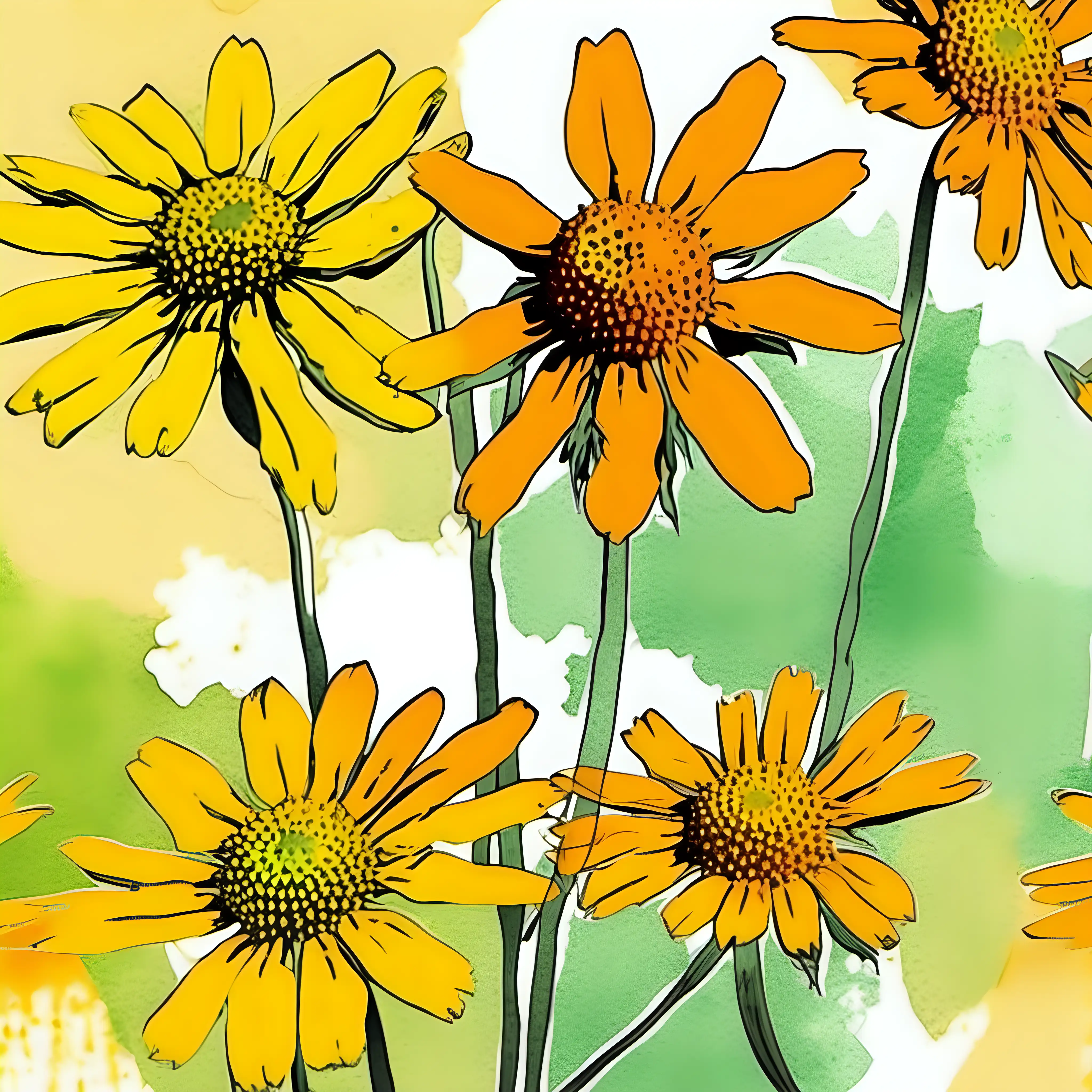 /imagine prompt pastel watercolor Sneezeweed  
FLOWERS , washed out color,YELLOW,ORANGE, GREEN, clipart on a white background andy warhol inspired --tile