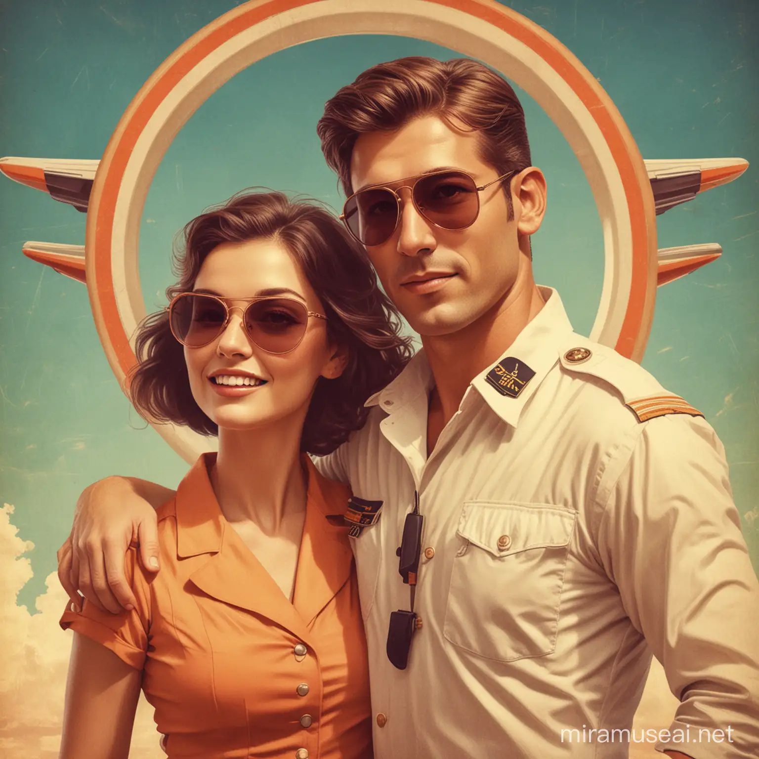 Vintage Poster Style Pilot and Wife in Retro Sunglasses Colorful Portrait