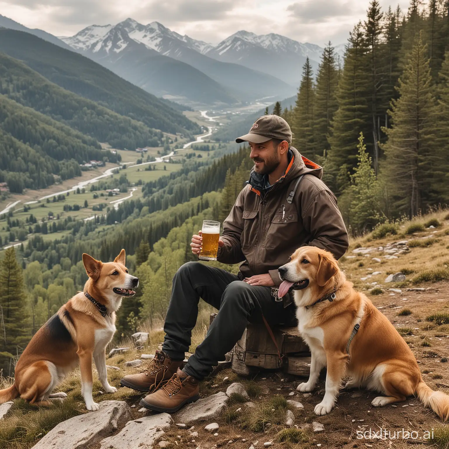 man with dog and beer in mountains with trees