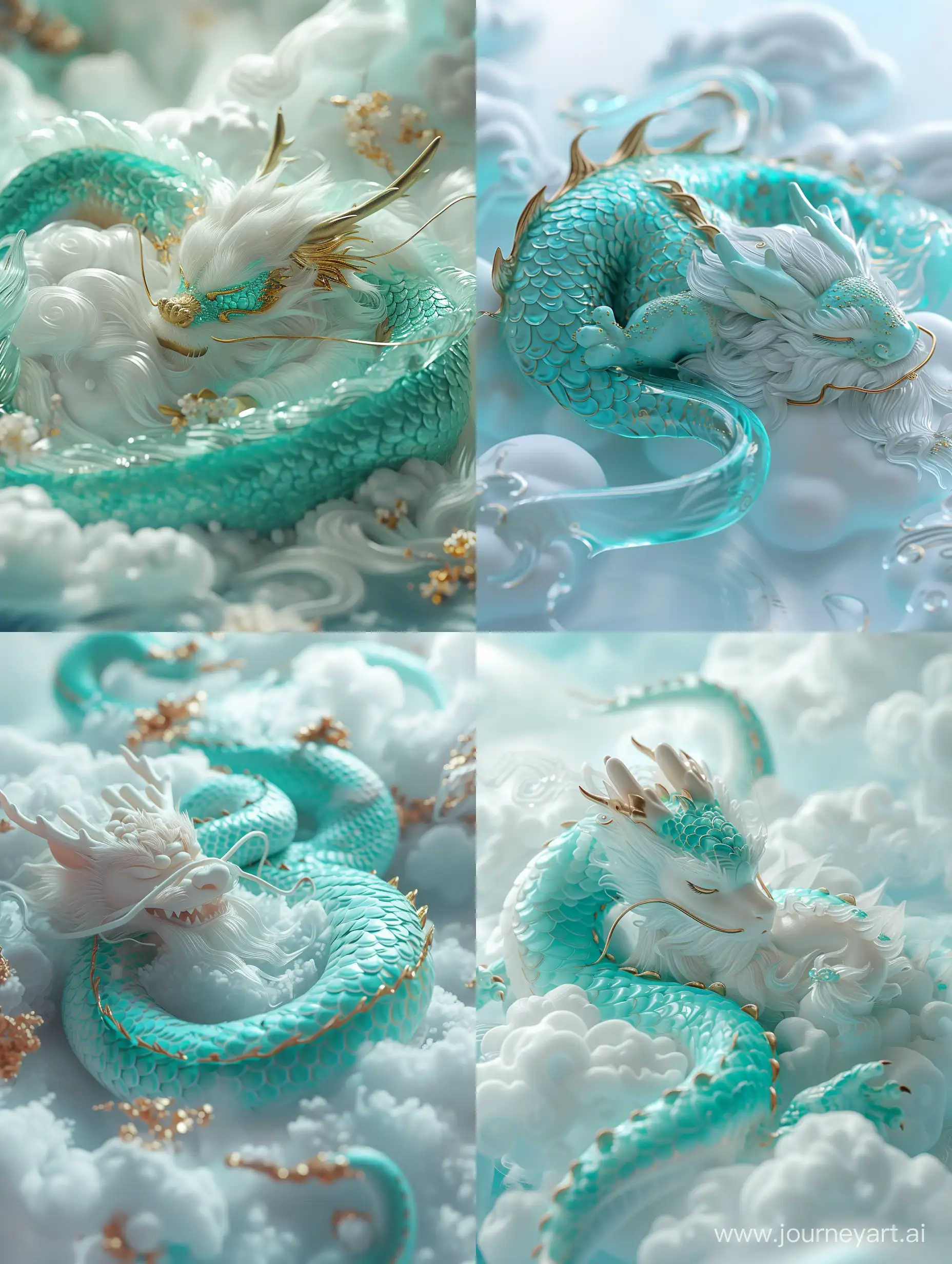 Chinese dragon sleeping on clouds, translucentglass, brush, turquoise and gold style, anime aesthetic, furry art, turquoise and white, delicate,3d, c4d render, 16k, ultra high detail