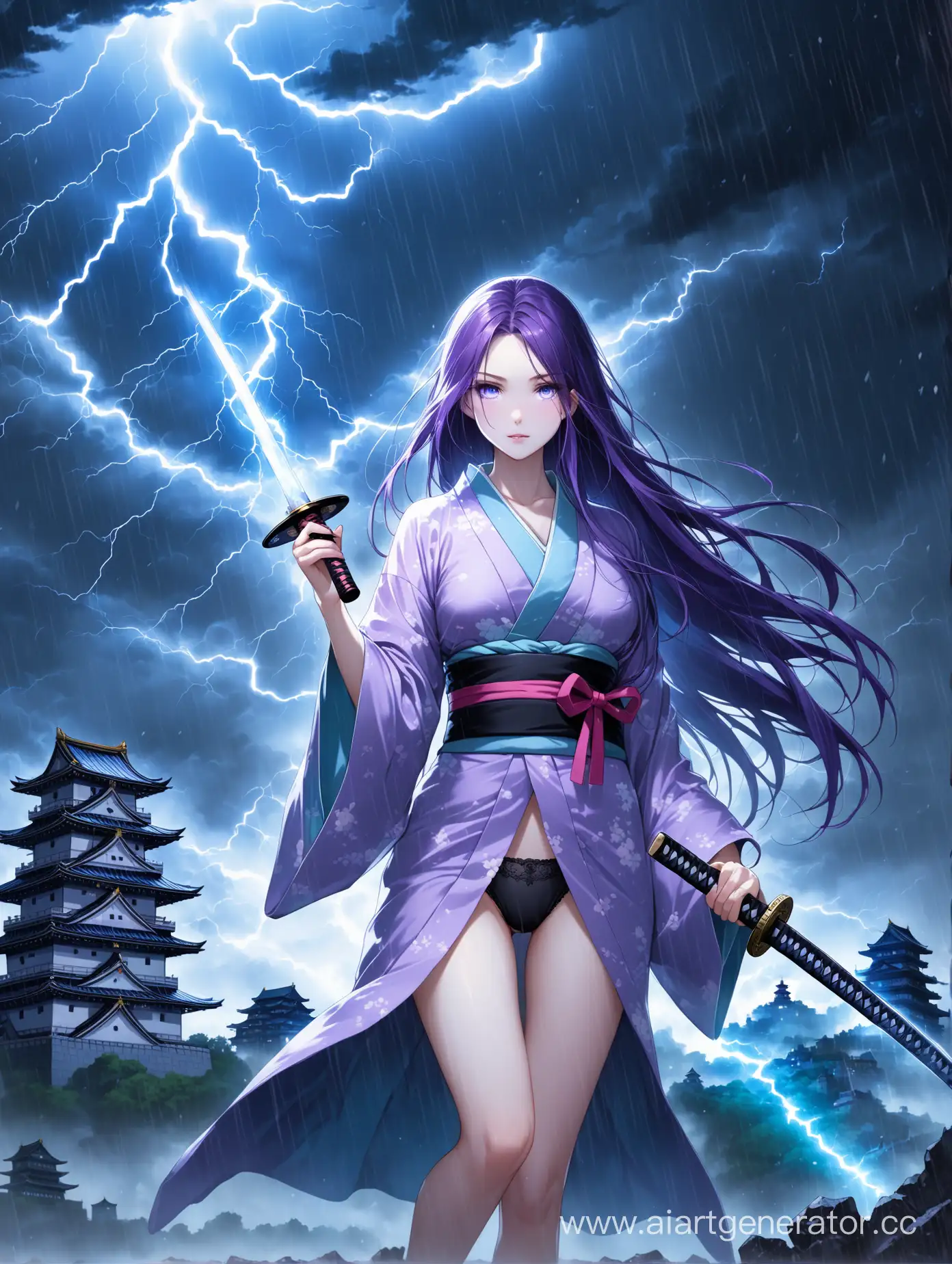 beautiful very pale woman, very long purple hair, purple eyes, short white blue and pink kimono, visible black panties, holding glass katana filled with lightning in left hand and black hole glowing with blue light in right hand, behind is Japanese castle destroyed by lightning from black clouds, it is raining