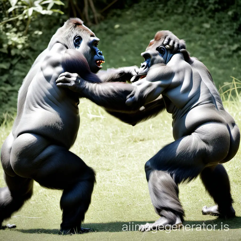 two large male gorillas fiercely fighting each other