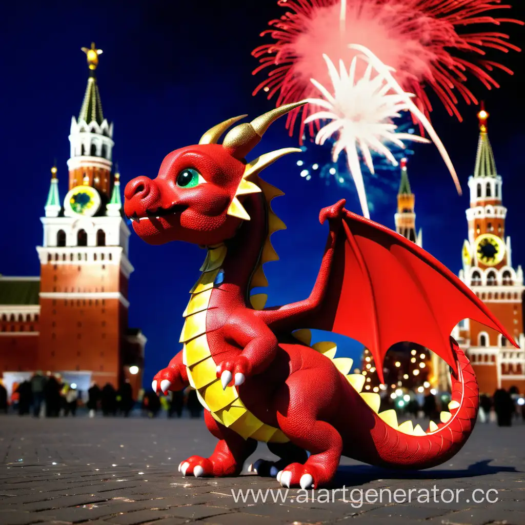милый дракончик символ года на красной площади в москве вечером на фоне салюта