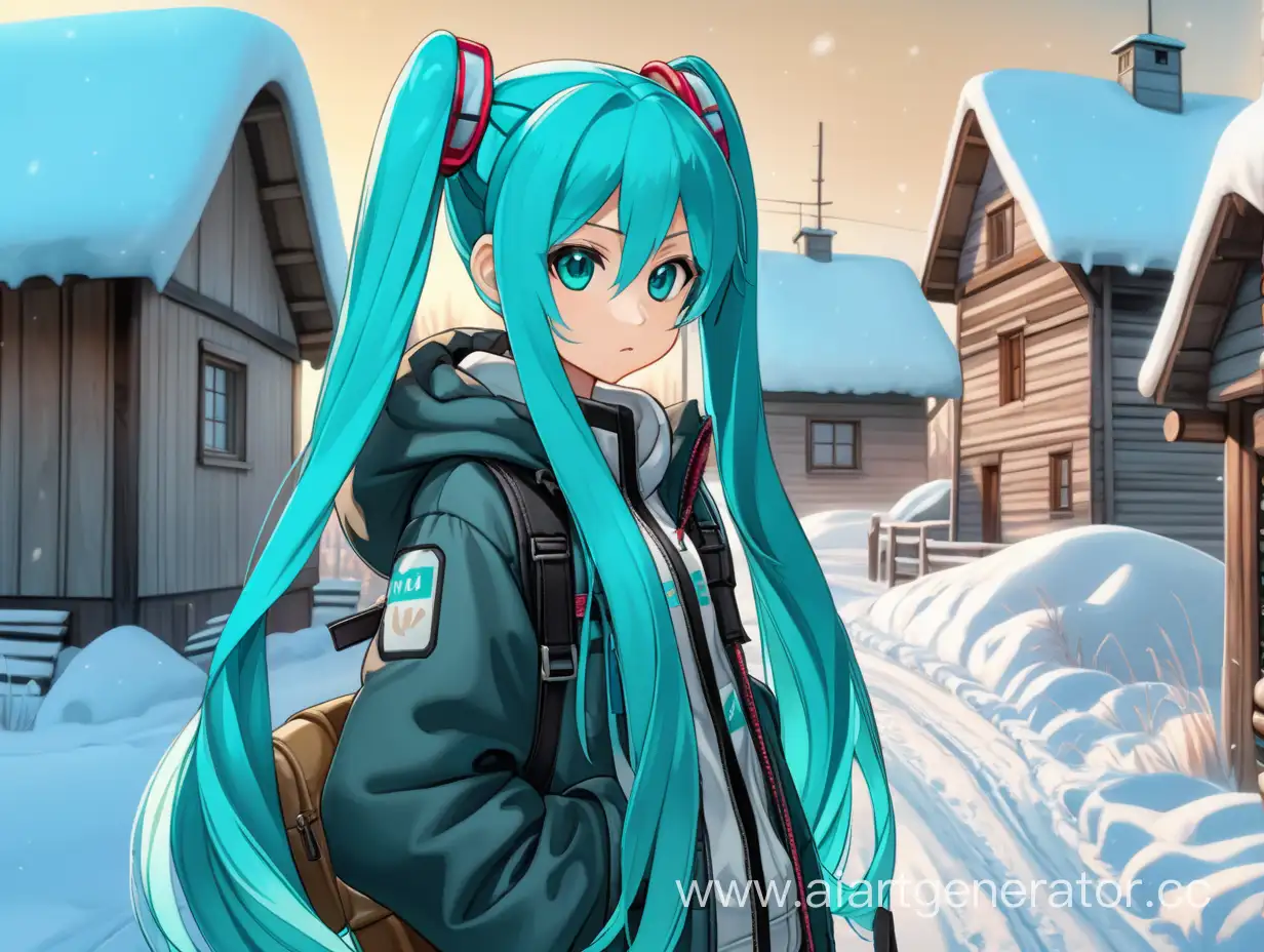 Hatsune Miku in a Russian village, wearing a padded jacket with a cigarette and a tired face sprite for a visual novel in full height