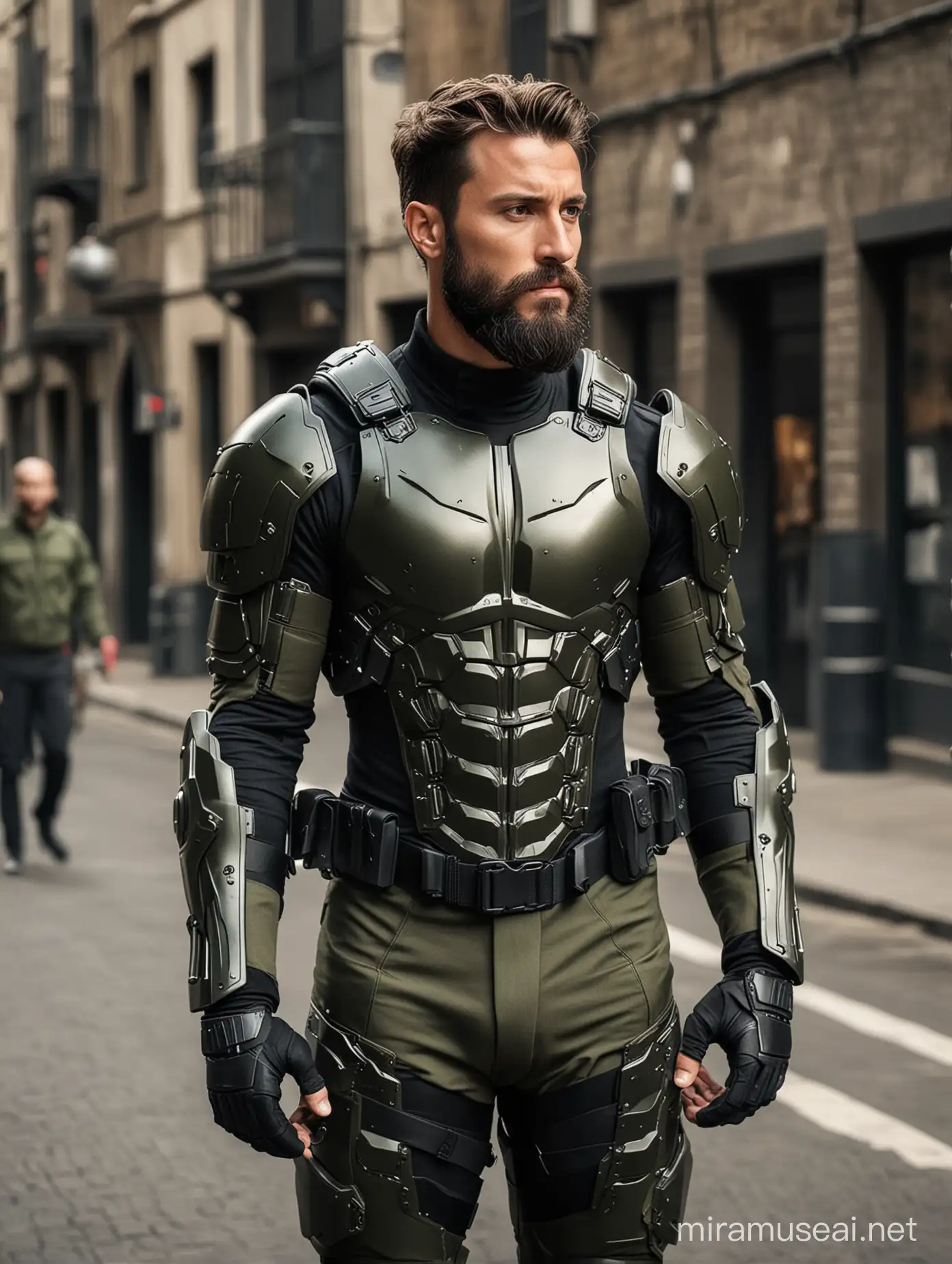 Tall and handsome muscular men with beautiful hairstyle and beard with attractive eyes and Big wide shoulder and chest in High Tech dark olive green and black armour suit with helmet and high Tech firearms walking on street 