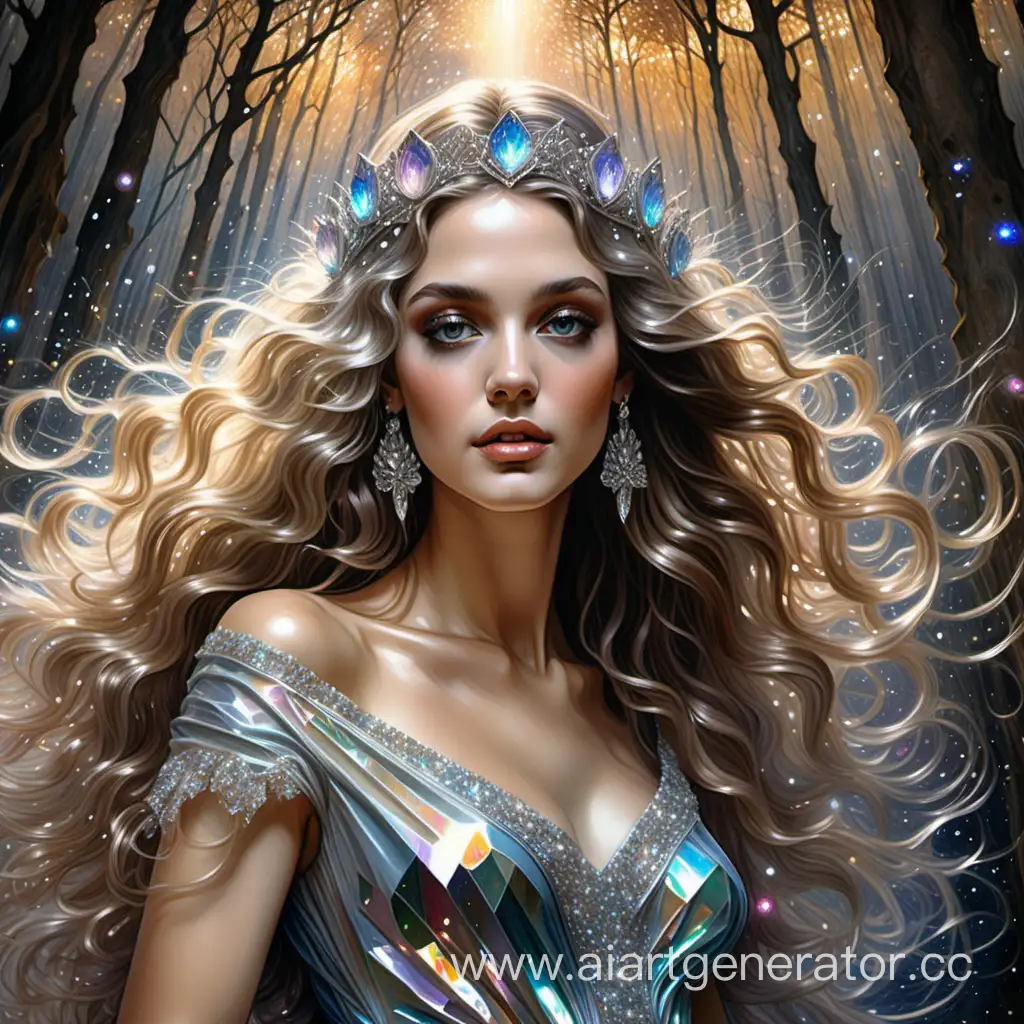 artist by Sara Shakeel Glitter drawing the iridescent crystals sparkling swarovski pattern art women wavy beautiful hair glitter art Sara Shakeel, iridescent glitter swarovski dress, Portrait of a Lady women ultra highly detailed, very shine cristal glitter hyper realism, romanticism, neo classicism, cristal hair, diadem of goals, forest, flowers in the forest, trees, crystal glitter colorful hair, gold royal dress, crystal glitter beautiful and magical soft silver glitter style by Steve hanks, Jean Baptiste Monge, fantasy intricate rose tones very attractive beautiful ultra detailed Steve Hanks Iridescent Jeremy Mann Jean Baptiste Monge shabby chic watercolor, wet on wet, splash fast strokes, style of by Ivan Shishkin