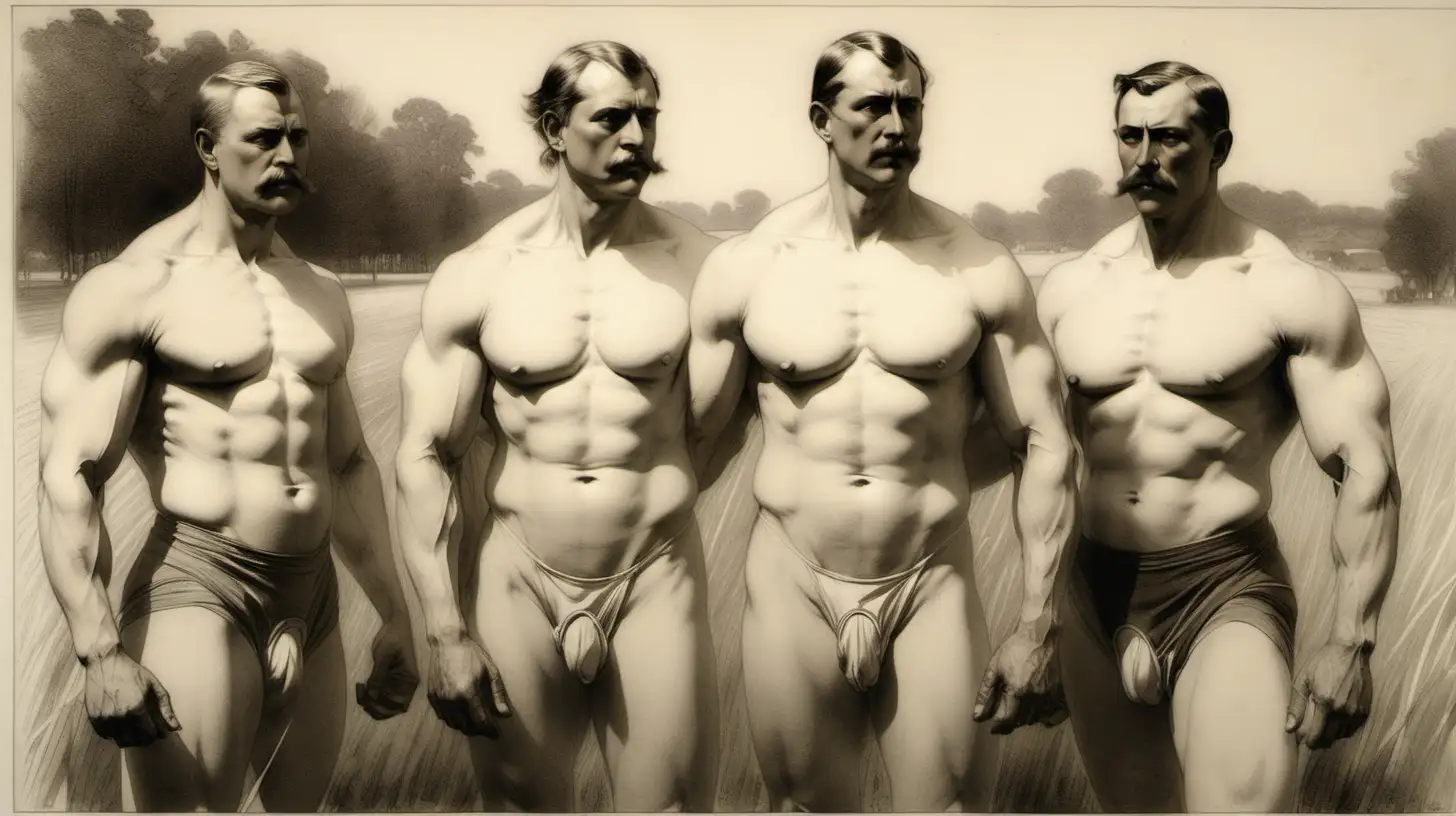 an etching by Anders Zorn of three muscular handsome  men standing on a field