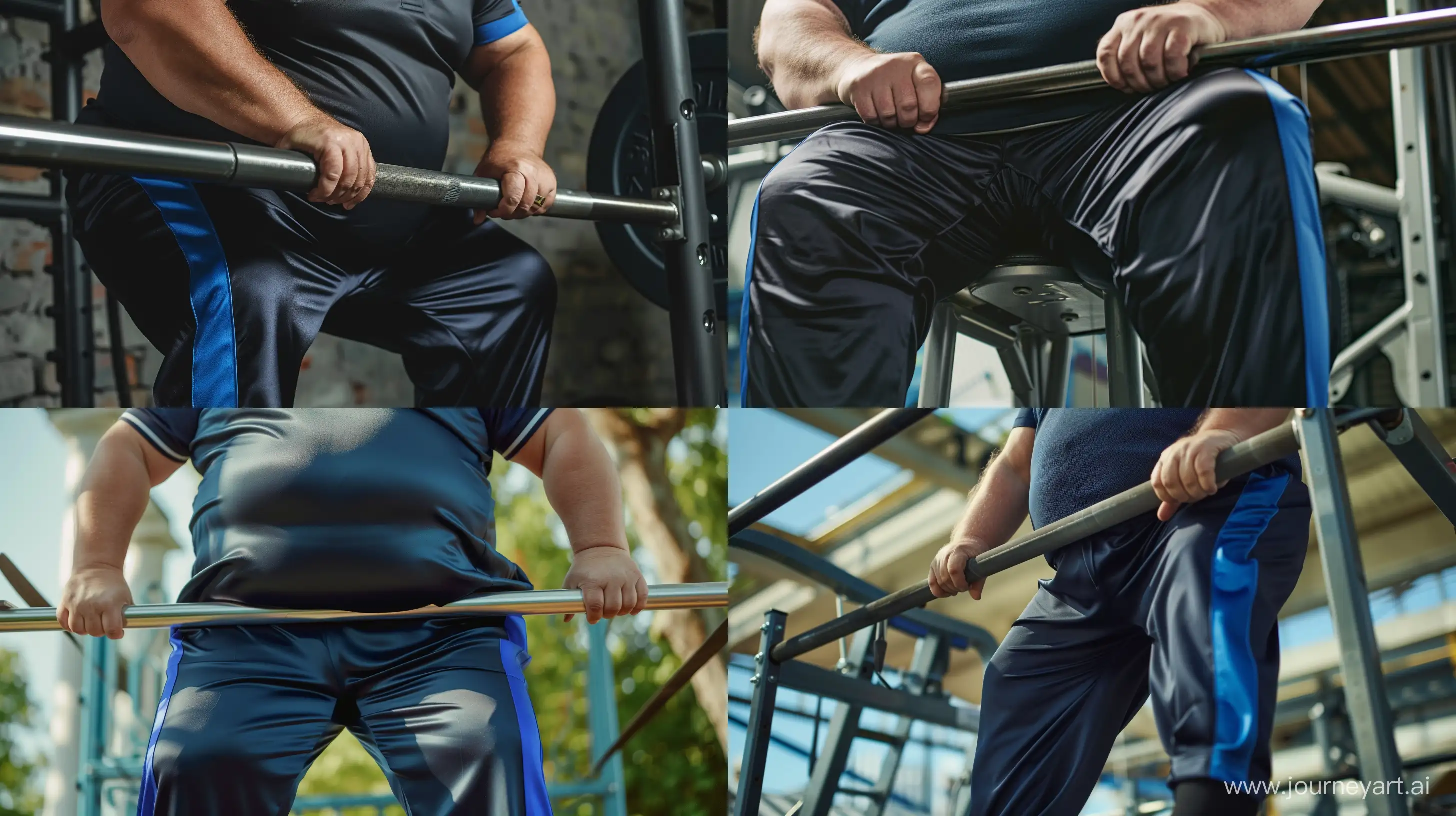 Front view close-up photo of a fat man aged 60 wearing silk navy tracksuit pants with royal blue stripe on the leg and a tucked sport polo shirt doing a  chin-ups exercise on a metal bar. --style raw --ar 16:9