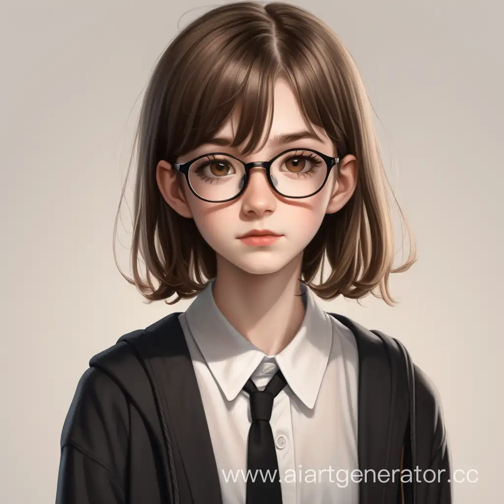 girl about 14 years old, white shirt, black skirt, black tights, long shirt hanging loosely down, thin and elongated face, black school shoes. she wears glasses, skinny, marsh brown eyes, light brown hair with some highlighted strands, Bob hairstyle. pale skin, tall girl.