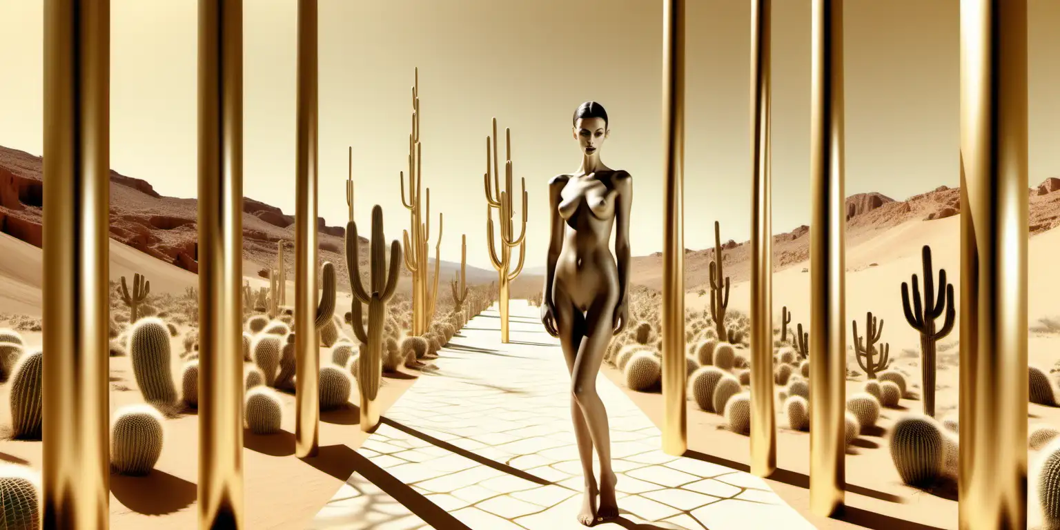Tall Slender nude Fasion Model backgound landscape desert catus Salvidor Dali Art stylization illustration, blender, 3d render Fashion shoot in a solarium, in the style of conceptual sculpture, ambient occlusion, digital collage, golden ratio, gold iridescent highlights, columns and totems, layered gestures