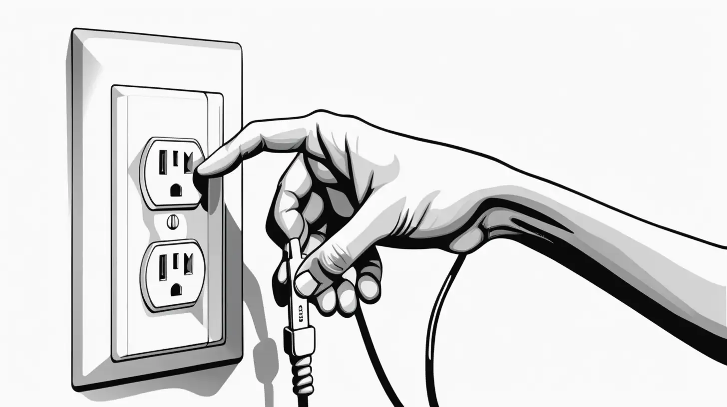 grayscale illustration of a hand plugging in a small device on the outlet on a white background. 