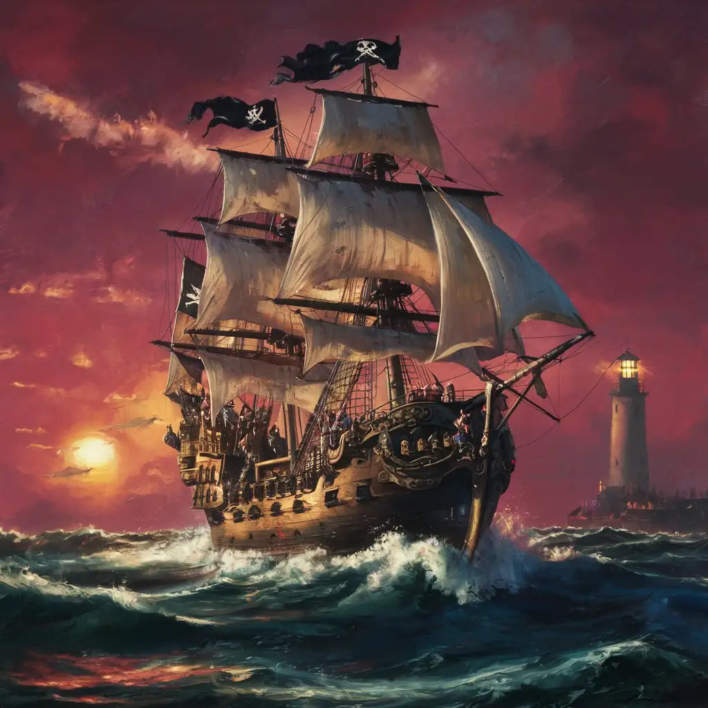 An oil painting of a pirate ship in the foreground with a lighthouse in the background. Set in the 1500's. Golden hour sunset. 