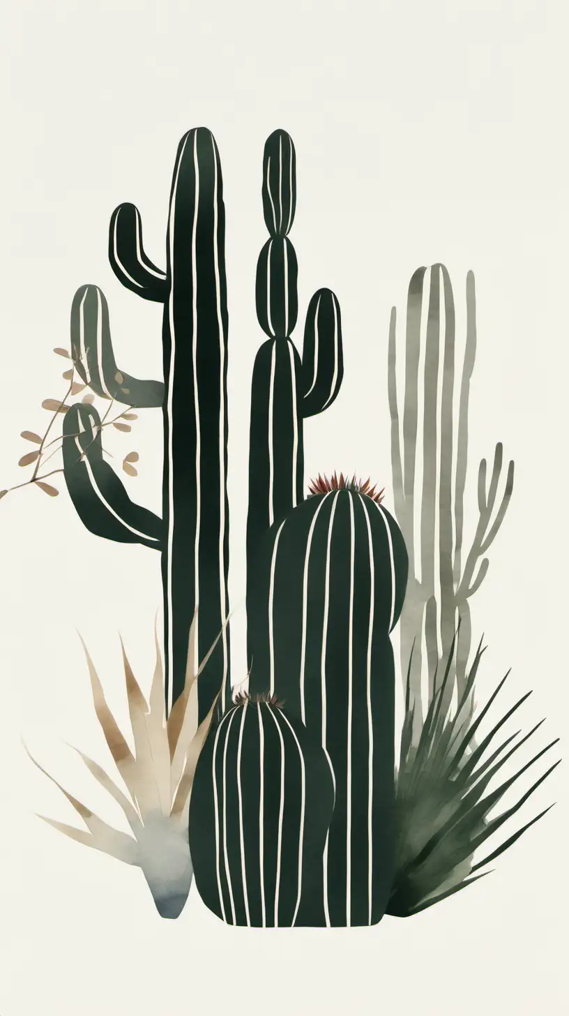 Minimalist Japandi art piece, embodying a harmonious blend of Japanese and Scandinavian aesthetics featuring CACTI, DEAERT FLORAL. Visible brush strokes, neutral shapes on white background. Emphasize thick, deliberate lines for a minimalistic and clean look. Incorporate muted tones in a watercolor style, with a composition of stripes and shapes. The artwork should demonstrate juxtaposed elements, showcasing a clever use of negative space to create balance and serenity. The overall feel should be calming and refined, capturing the essence of both Japanese simplicity and Scandinavian functionality in a gallery art setting.