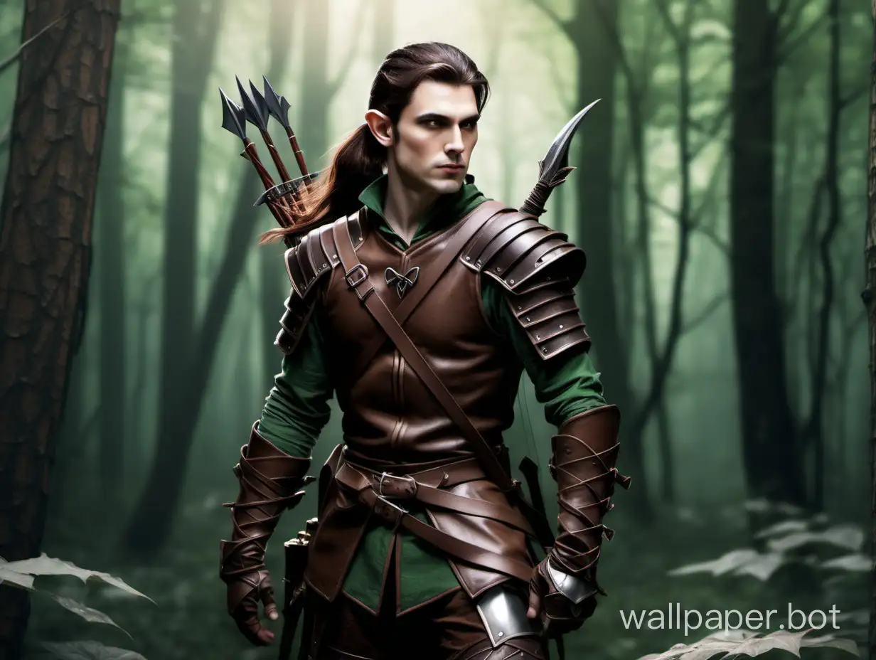 Half elf male ranger, long brown hair in a ponytail, clean shaven. Leather armour and a bow. In a forest.