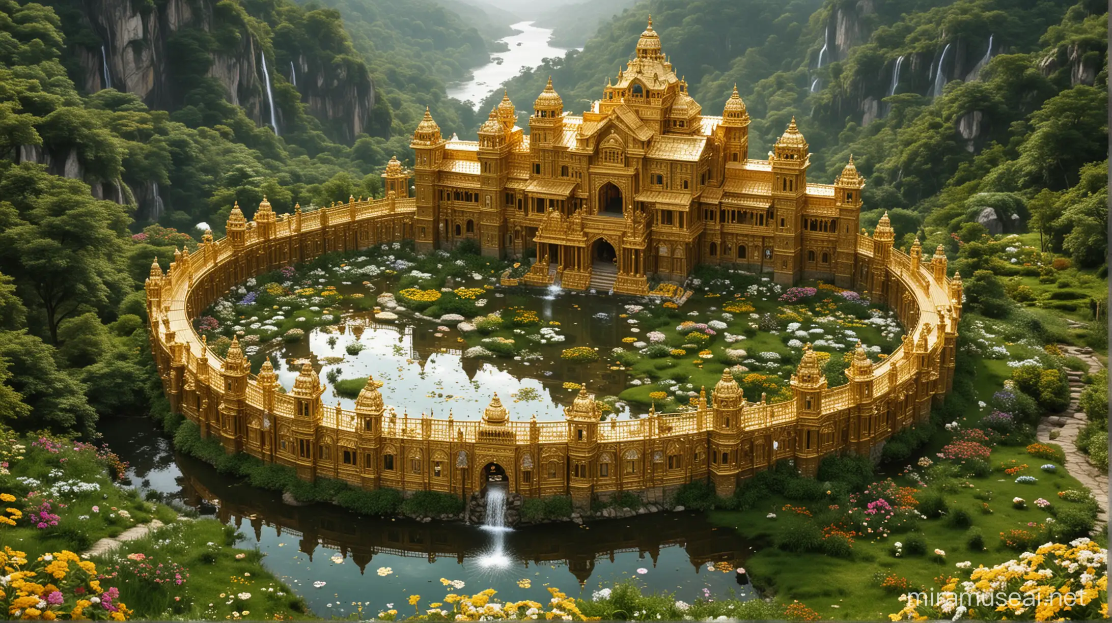 Divine Nature Golden Castle amidst Flower Gardens and Waterfalls