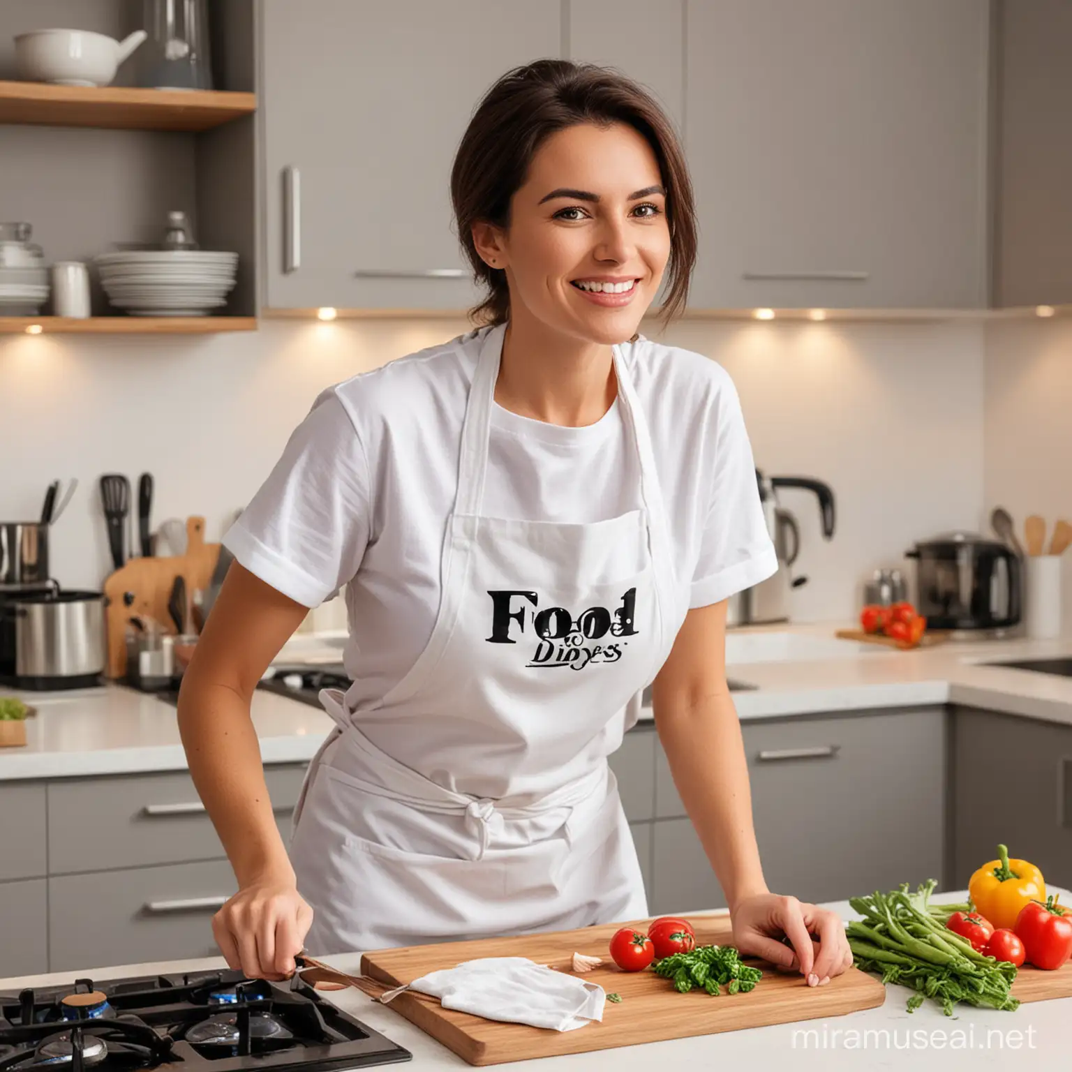 regular woman cooking at home with white apron, using a tshirt, LOOKING THE FOOD while cooking