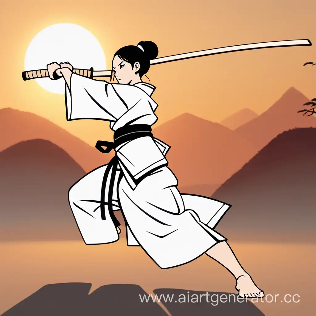 Aikido-Practitioner-Girl-in-Kimono-Engages-in-Sunrise-Swordplay