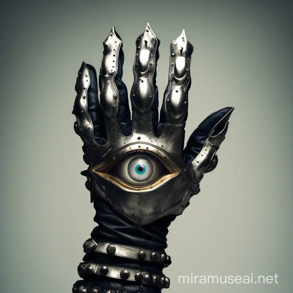 Staring eye on an upright left armoured glove 