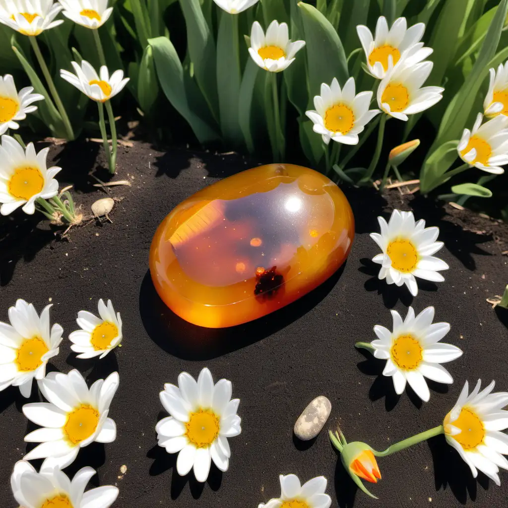 An amber pebble with a rounded top lies on its flat side on the edge of a field of daisies and tulips
