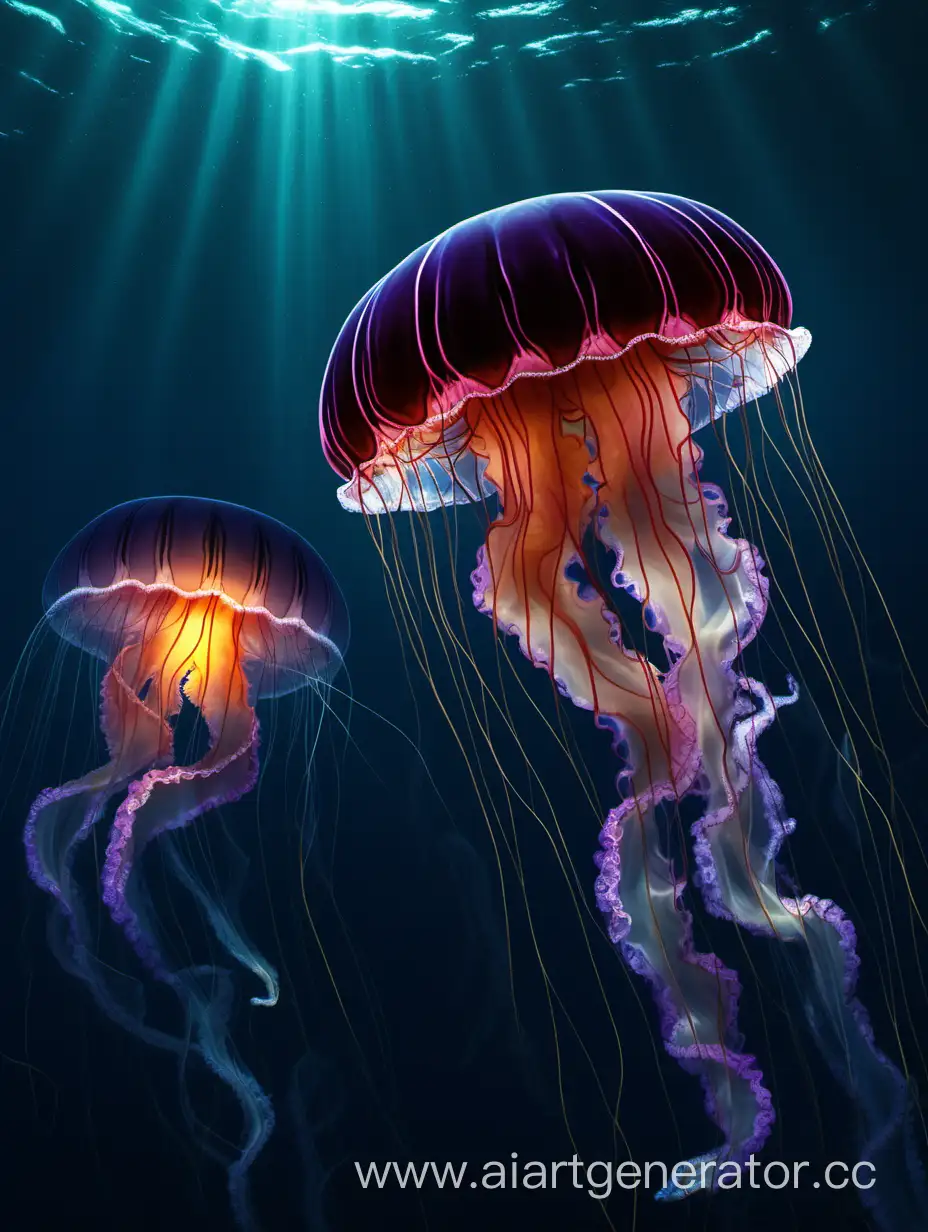 медузы, тёмный океан, медузы светятся