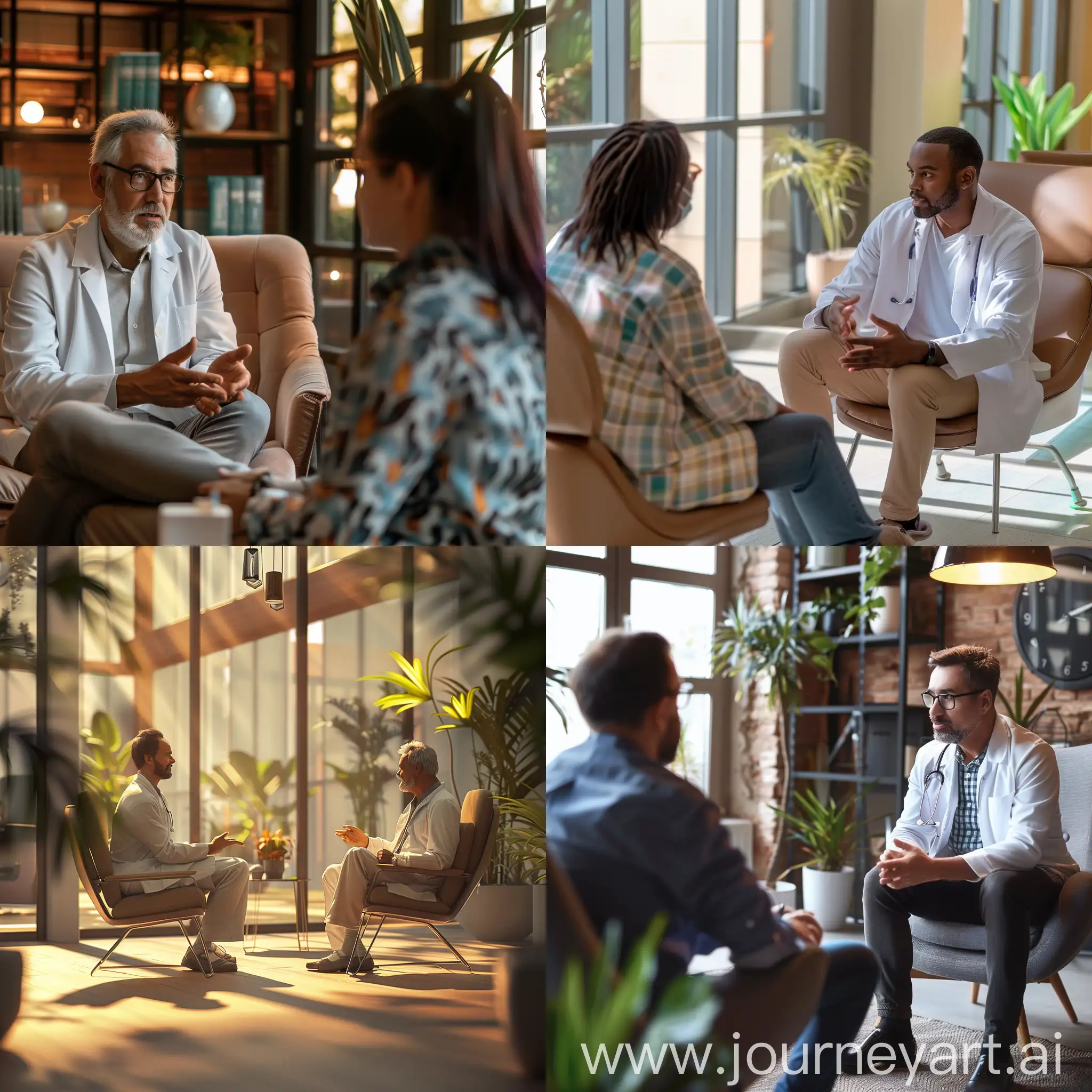 I wan't a photo-realistic image of a caring psychatrist having a talk with a patient in a relaxing indoor area