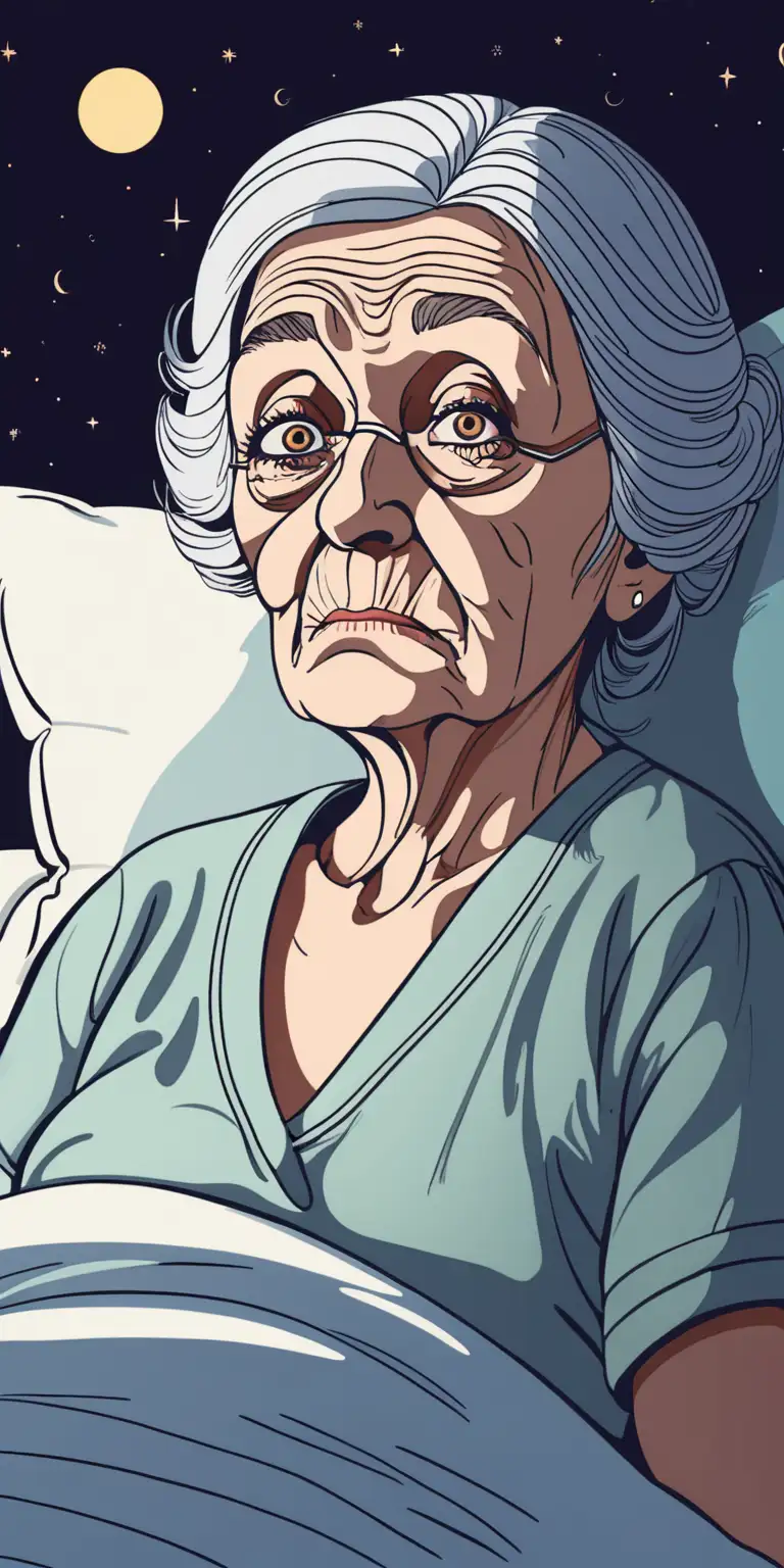 Illustration of Old lady who looks 69 years old 
Old woman wide awake with dark eye bags at night in bed.
