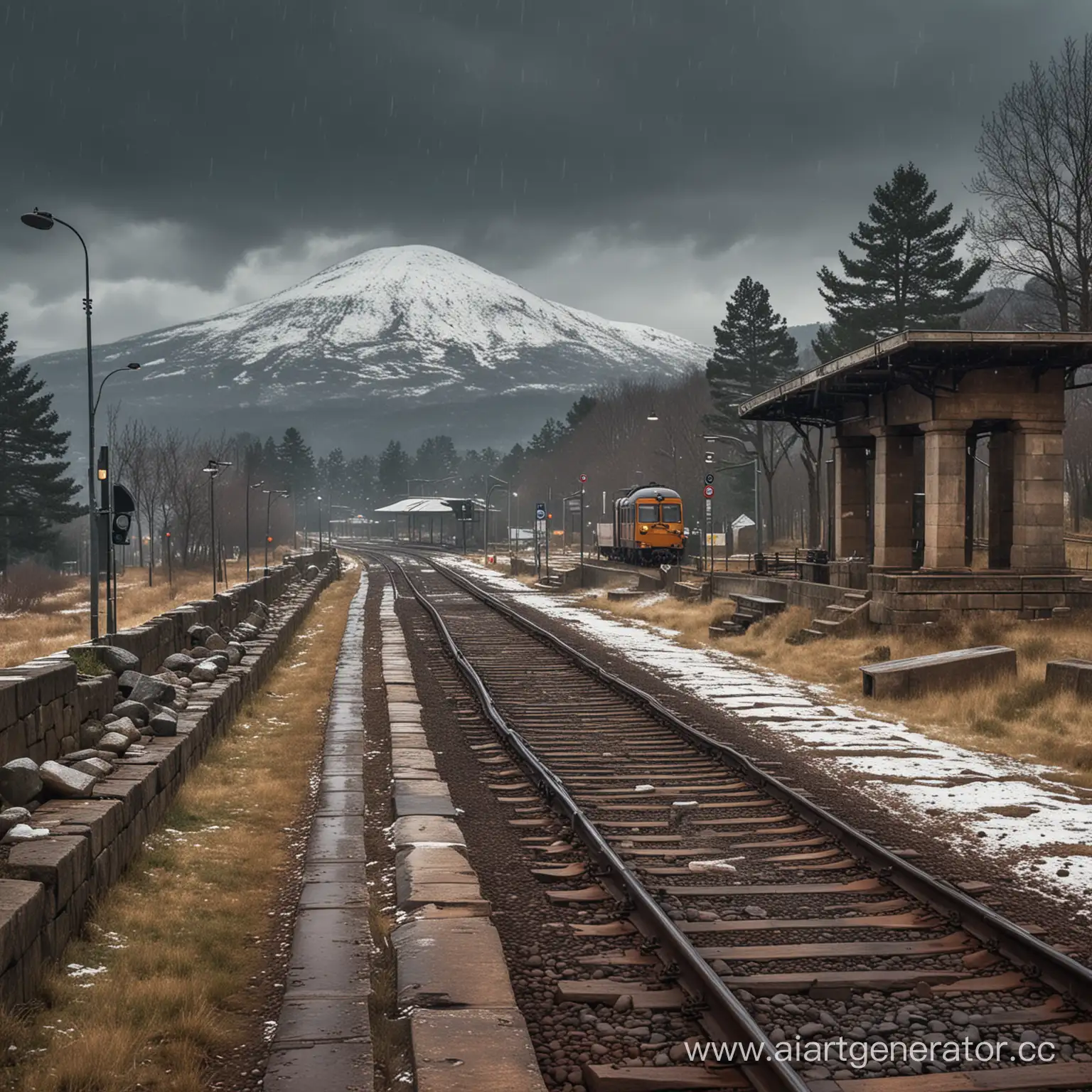 A railway platform in Forum Clodii, train arriving, stylized pagan, Etruscan temple, snowy mountains in the horizon, evening, gale, hail, forest, hi-tec and nature, rocks