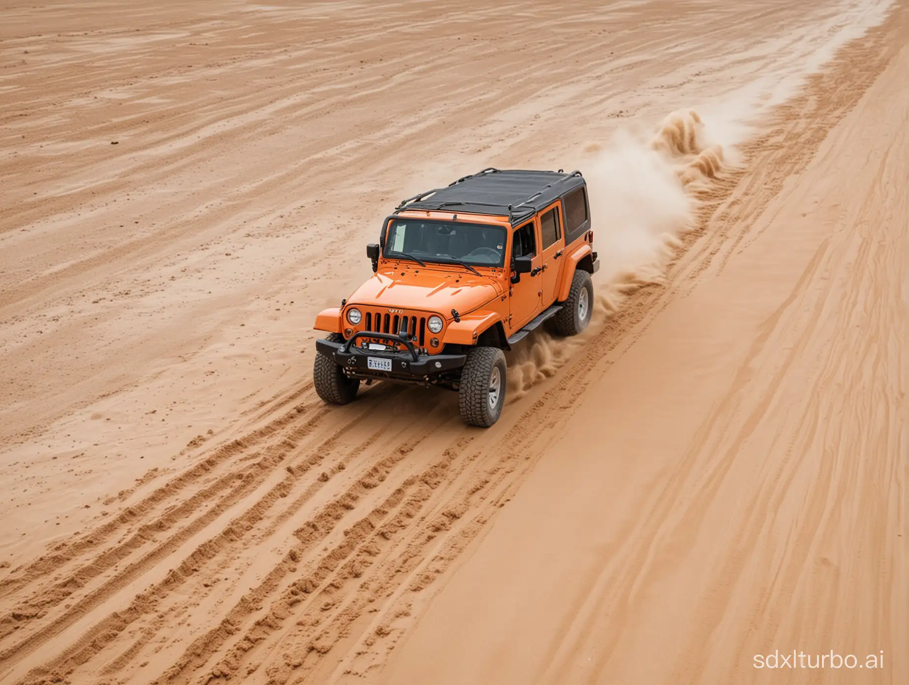 an orange Jeep was driving over a sandy track in the desert.