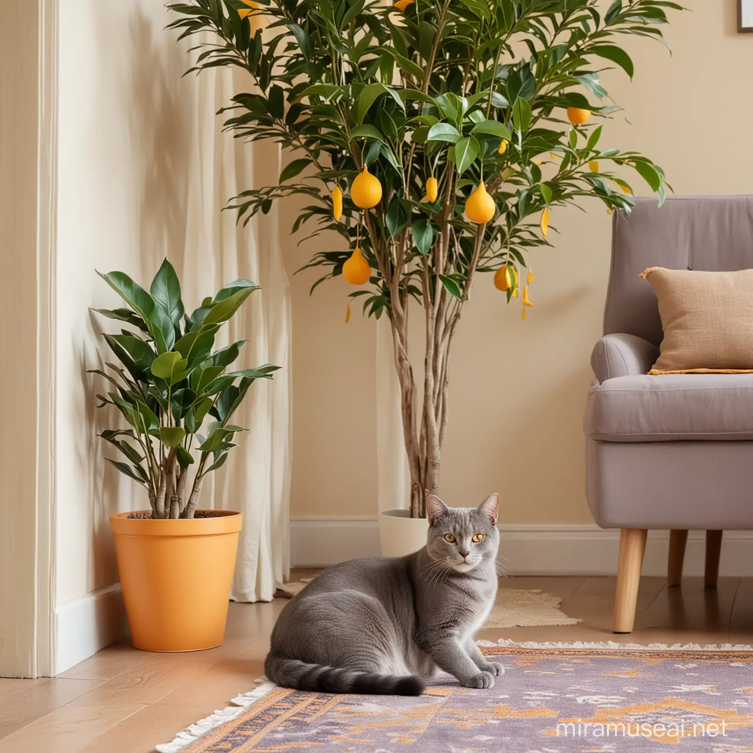 Gray cat sits on the floor next to a ficus tree in the living room in lilac, yellow and orange tones